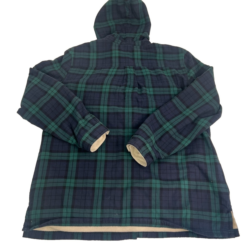 LL Bean Jacket Womens Large Relaxed Blue Green Plaid Flannel Hooded Sherpa Lined - Picture 2 of 16